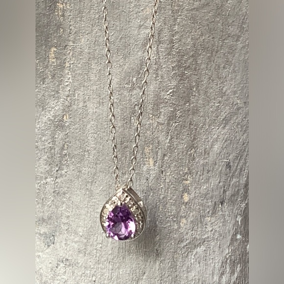Sterling Silver Faceted Teardrop Amethyst Crystal Woman’s Necklace Purple Pisces - Picture 3 of 10